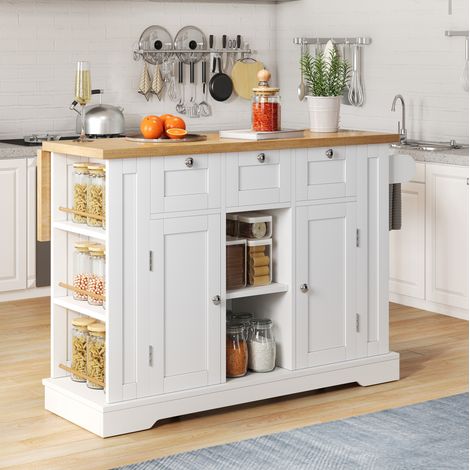 Isla de cocina móvil 132/40(70)/87 cm blanco/natural con tablero extensible y USB (1/4)