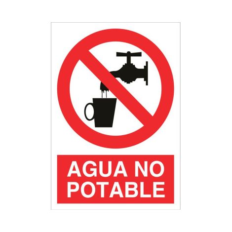 Señal de prohibición de pictograma y texto Agua no potable                                                   Pegatina Adhesiva       148X105