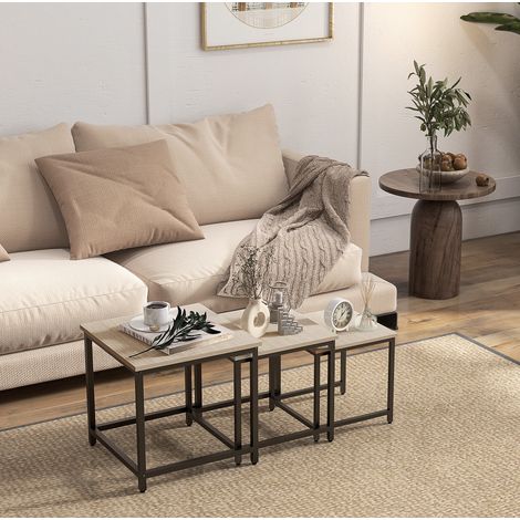 MEUBLIV Juego de 3 mesas nido cuadradas efecto madera natural y acero negro para salón (1/5)