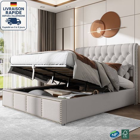 Cama contenedor para adultos 140x190 cm con cabecero y somier, lino, sin colchón, color gris (1/5)