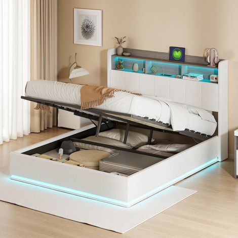Lit Coffre 140×200 cm, Lit 2 Places Rembourré, Lit Hydraulique avec LED et USB, Tête de Lit avec Rangement, Sommier à Lattes, Velour, Blanc (1/5)