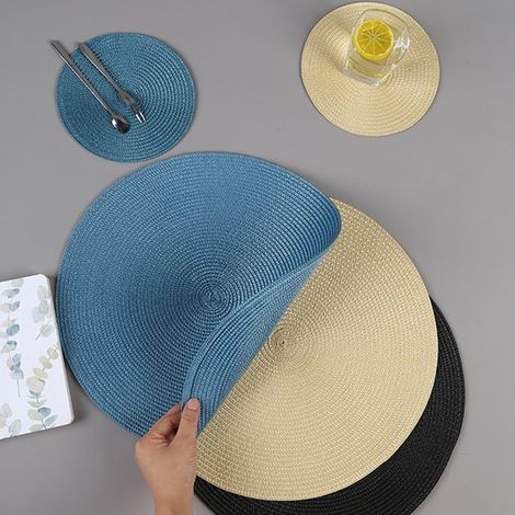 Set mit 4 runden, gewebten Platzsets (38 cm Durchmesser), waschbar, hitzebeständig, aus Baumwolle und Polyester, für Küche und Esstisch – Segelblau (1/3)