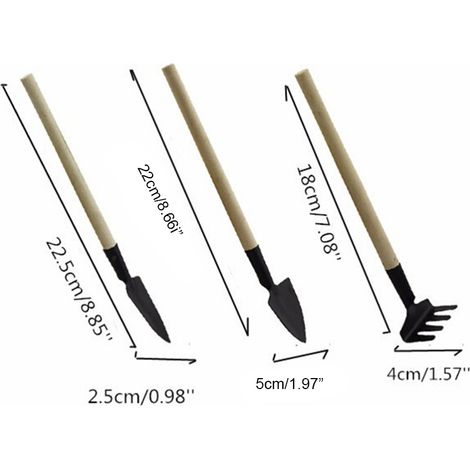 Kit de 3 outils de jardinage mini à manche en bois, pelle, bêche, râteau et transplantoir pour plantes, ensemble de jardin manuel (1/5)
