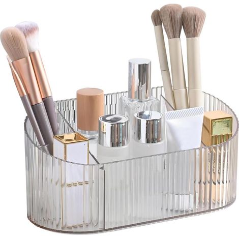Organisateur maquillage acrylique transparent, 5 compartiments pour pinceaux et cosmétiques, idéal coiffeuse. (1/5)