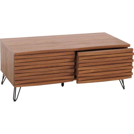 Tavolino da caffè tavolo da salotto curvo di design 2 cassetti in legno di mango e metallo 46x110x55 cm aspetto noce 040008457