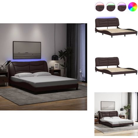 Cadre de lit avec LED sans matelas marron foncé 160x200cm tissu - Lit Plateforme - Chambre À Coucher - Cadre De Lit Design - Éclairage LED - Têtière Rembourrée (1/5)