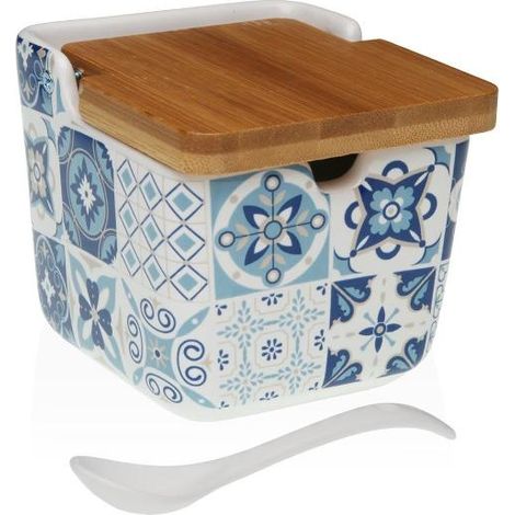 VERSA azucarero + cuchara porcelana azurita 8.8x8.8x8.5 cm , Azucarero Azurita de cerámica, un accesorio funcional y decorativo que aporta un elegante estilo mediterráneo a tu coci