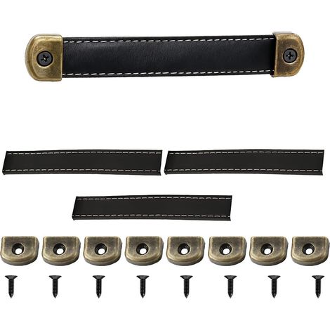 4 Pièces Poignées en cuir pour meubles, Meuble Poignées de Tiroirs - Noir - Poignee en Cuir pour cuisine, salle de bain, armoires, commode, bois (17.8cm) (1/5)