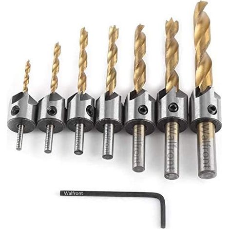 Brocas Avellanadoras MINKUROW, Juego De Brocas Avellanadoras Hexagonales De 7 Uds Con Una Llave L Para Taladrar Madera O Carpintería, 3-10mm Dorado (1/5)
