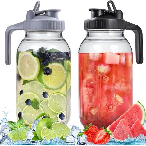 Pitcher En Verre Avec Couvercle - 2 Pièces - 2 L - Bocal Mason À Bouche Large - Pour Café Froid, Thé Glacé, Stockage Alimentaire - Set De 2 (1/5)
