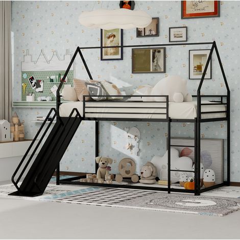 Etagenbett Metall Schwarz mit Rutsche, Spielhaus-Design und Leiter (1/5)