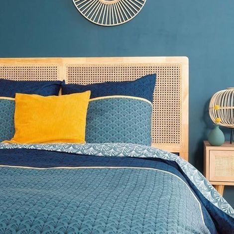 Parure de lit Adulte 100% Coton - Housse de Couette + 2 Taies d'oreiller imprimé géométrique réversible Bleu, Finitions dorées
