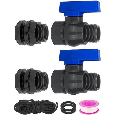 Kit de robinet pour récupérateur d'eau de pluie (lot de 2) : vanne d'arrêt pour tuyau d'arrosage GHT 3/4 pouce avec raccord traversant et vanne à bille filetée. (1/5)