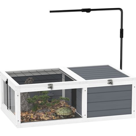 PawHut Tortoise House, Wooden Tortoise Table w/ Lamp Holder - Grey (1/5)
