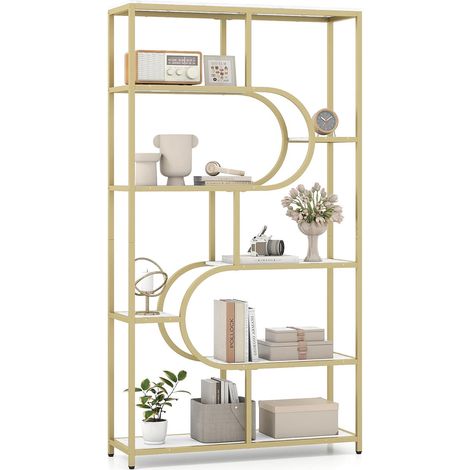 COSTWAY Libreria a 8 Ripiani, Scaffale Alto Autoportante a Forma di U, Struttura in Metallo, Organizzatore di Spazio per Soggiorno e Ufficio, 95x30x175 cm (Bianco+Oro) (1/5)