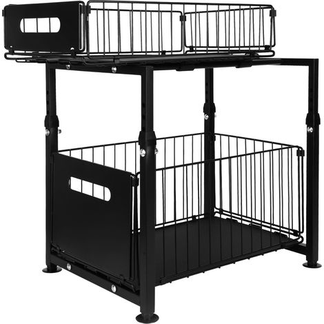 Rangement sous Évier en Métal à 2 Niveaux avec Tiroir de Rangement Coulissant, pour Salle de Cuisine, Bureau, Bain, 29x38x49cm, noir (1/5)