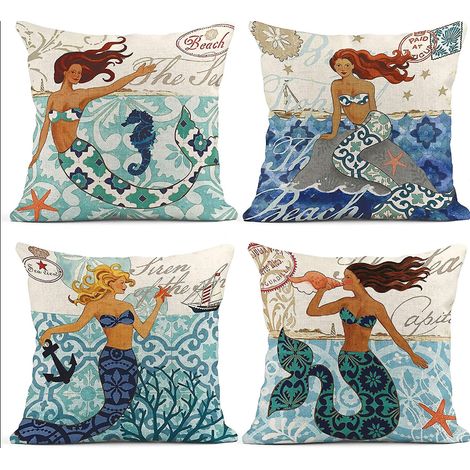 Juego de 4 fundas de cojín con temática náutica marina, estampado de lino por un lado, 45x45 cm, para salón, dormitorio u oficina. (1/5)