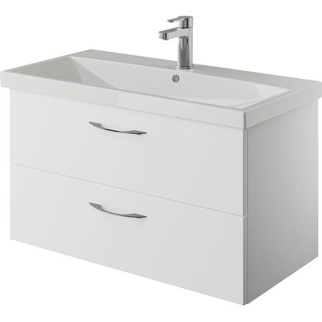 Bad Waschtisch, 90cm breit, in Schneeweiß Glanz mit Keramik Waschbecken VILLATORO-66, B/H/T ca. 90/53,2/45 cm (1/5)