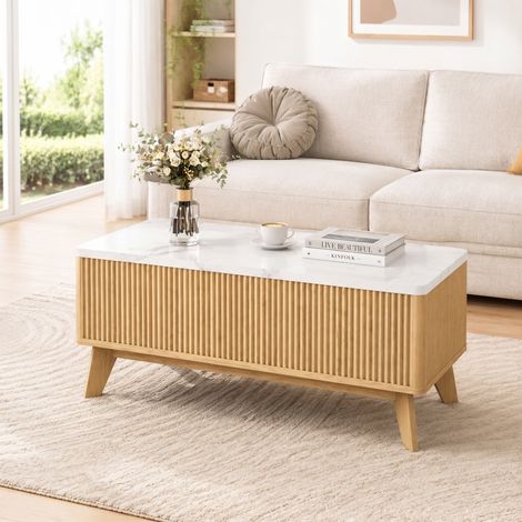 Höhenverstellbarer Couchtisch 105 × 53 × 42 cm, Wohnzimmertisch mit anhebbarer Tischplatte und verstecktem Stauraum, Platte in weißer Marmor- und Holzoptik, Naturholz