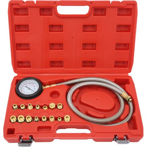 Outil de test de pression d'huile avec 15 adaptateurs, échelle de mesure de 0 à 150 psi, kit de testeur de pression à tube flexible universel pour véhicules (1/5)