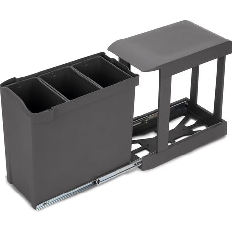 Poubelles de recyclage pour la cuisine, 3 x 10L, fixation inférieure et extraction automatique, Acier et Plastique, Gris antracite (1/5)