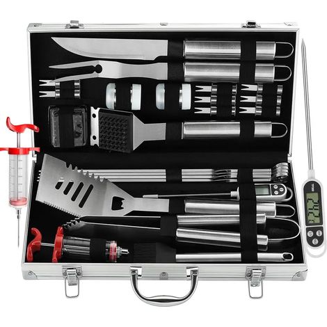Ensemble d'ustensiles de barbecue 24 pièces, comprenant un thermomètre à viande et une seringue - fourchettes, spatules et pinces en acier inoxydable épais. (1/5)