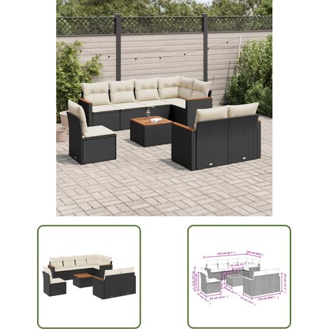 The Living Store 9-tlg. Garten-Sofagarnitur mit Kissen Schwarz Poly Rattan - Gartenmöbel Set - Gartensorte - Outdoor Möbel - Lounge Sofa - Esstisch (1/3)
