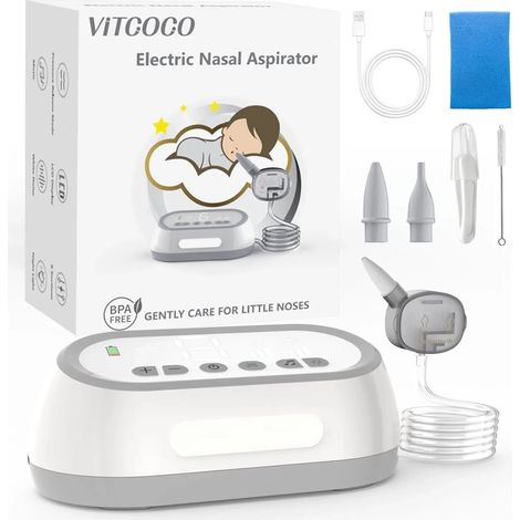 Mouche-bébé rechargeable avec 6 niveaux d'aspiration réglables Fonctions veilleuse et berceuse apaisante, éclairage LED et deux embouts en silicone. (1/5)