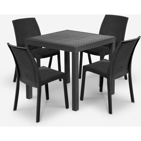 Bica – Ensemble table et chaises de jardin 4 places – Table carrée 80x80cm en polypropylène – Chaises empilables – Résistant aux intempéries