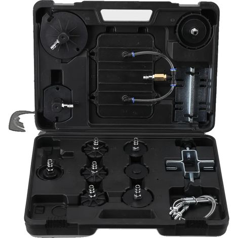 Kit adaptador para purgar frenos, 13 piezas, plástico y acero, longitud 19 cm, ancho 16 cm, apto para vehículos europeos. (1/5)