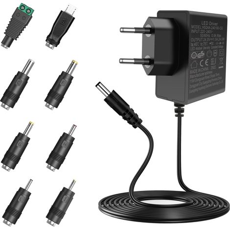 Alimentation Universelle 24 V 1 A, transformateur/Adaptateur Secteur 24 W 24 Volts pour Rubans LED, cam¨Ras de vid¨osurveillance, routeurs, 8 adaptateurs Secteur Inclus, Chargeur Compact (1/5)