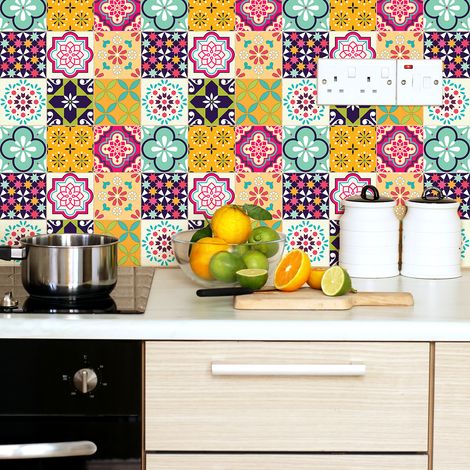 Sticker Mural Carrelage adhésif Cuisine Salle de Bain - 9 STICKERS CARREAUX DE CIMENT AZULEJOS CELSO - 9stickers15x15cm (1/5)