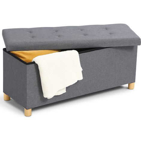 Idmarket – Banc d'entrée coffre rangement sur pieds 100 cm – Tissu lin gris anthracite – Dimensions 100x38x43 cm – Design chic et capitonné