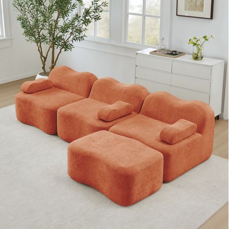 Sofá esquinero 288x167x70 cm de terciopelo naranja con puf, para espacios pequeños – MEUBLIV (1/5)