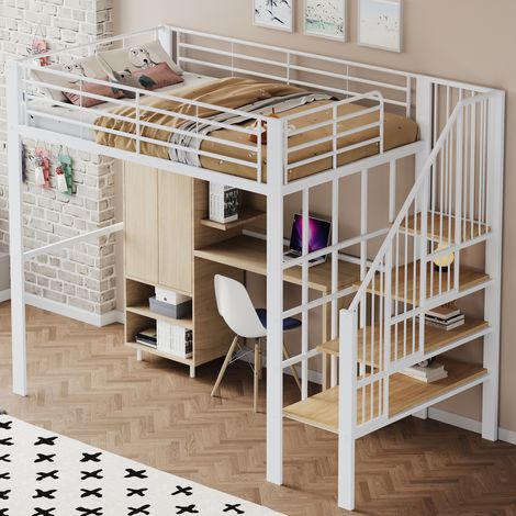 Letto rialzato per adulti 140x200 cm con ampio vano portaoggetti sotto il letto e scala portaoggetti aperta, senza materasso, bianco (1/5)