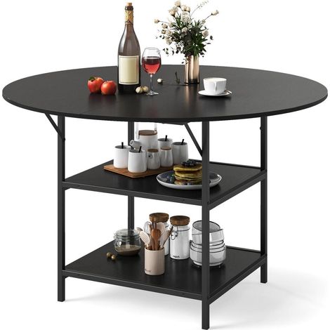 Runder Esstisch 120cm mit 2 Ablagen, für 4-6 Personen, Schwarz (1/5)