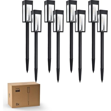 Lampes solaires de jardin Philips - Éclairage extérieur LED - Verre et métal - Blanc chaud 3000K - Étanche - Idéales pour jardin, allée, terrasse, pelouse - Lot de 8 (1/5)
