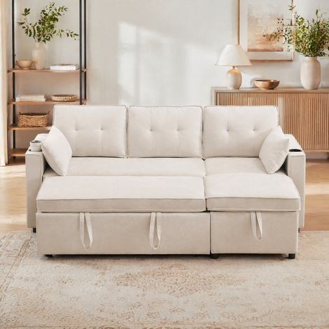 Canapé d'angle convertible avec rangement, 3 places, 211 x 130 x 86 cm, beige HAVRYA (1/5)