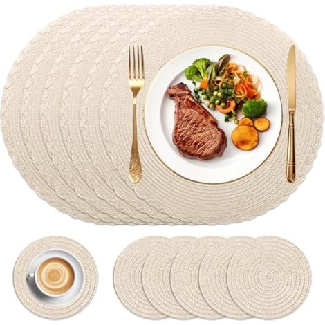 Set de 6 sets de table et dessous de verre ronds, tressés, lavables, résistants à la chaleur, pour cuisine, salle à manger, maison, restaurant, abricot. (1/5)