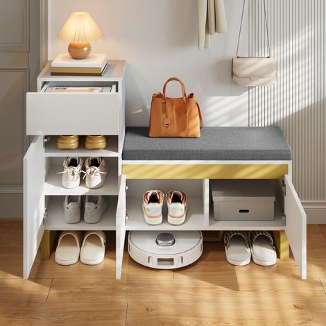 Meuble à chaussures grande capacité pour le hall d’entrée, meuble de rangement à plusieurs niveaux, meuble d’entrée moderne et minimaliste, organiseur pour la maison avec tiroirs et portes. (1/5)