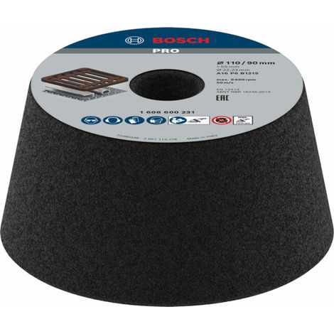 Bosch – Meule à touret conique 90 x 110 mm grain 16 – Pour ponçage métal et fonte – Vitesse max 8500 tr/min – 1608600231