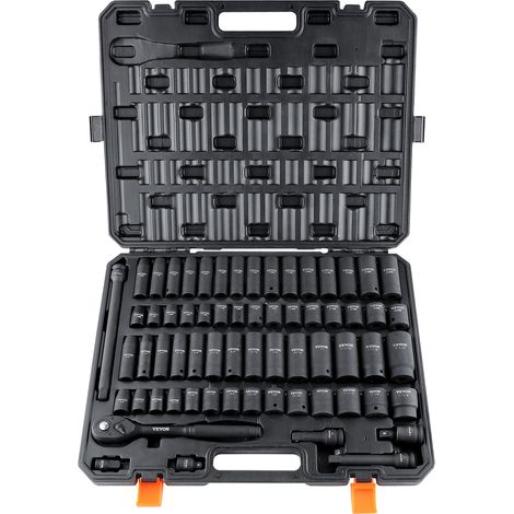 VEVOR Jeu de Douilles a Choc 1/2" Jeu de 58 Douilles a Impact avec Outil a Cliquet 6 Pans en Acier Allie CR-V HRC 42-48 Solide Repere de Taille Facile avec Mallette de Transport pour Reparation Auto