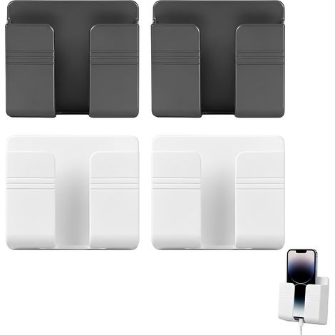 Lot de 4 Support Téléphone Mural, Support Télécommande Mural Autocollant avec Port de Charge pour Lit, Salon et Bureau, Support de Téléphone Mural sans Perçage (2 Noir + 2 Blanc) (1/5)