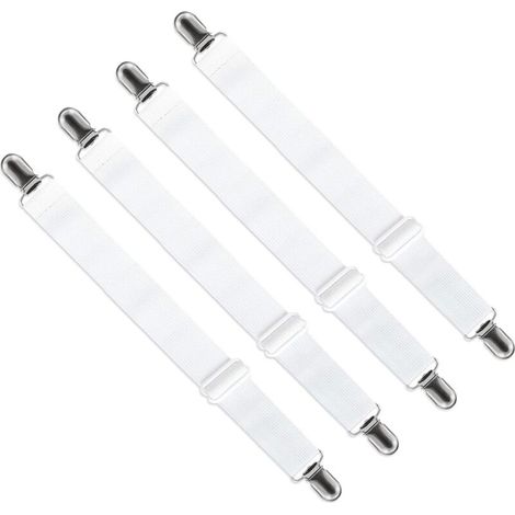 Adjustable Fitted Sheet Tensioner (65cm to 200cm), Adjustable Strap Fastener for Bed Sheets, Sofa Sheets, Ironing Board Covers (White, Pack of 4)
