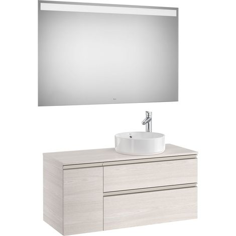 Pack meuble "The gap" 1100 pour vasque à droite - 2 tiroirs + 1 porte + plan + miroir LED - frêne nordic/poignées nickel mat - Roca (1/2)