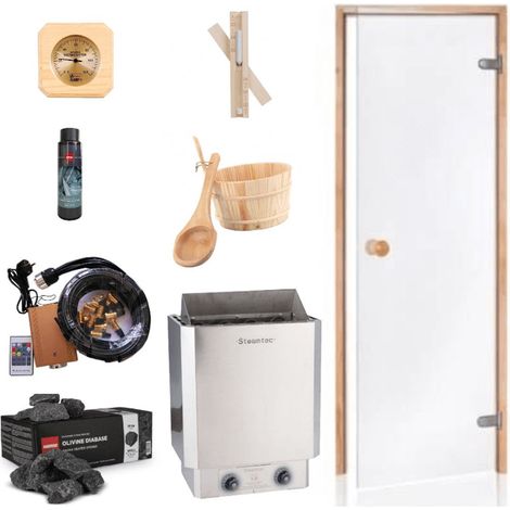 Kit sauna complet à composer – Poêle électrique 3 à 9 kW, porte en verre trempé, accessoires et éclairage fibre optique – Usage domestique – Desineo (1/5)