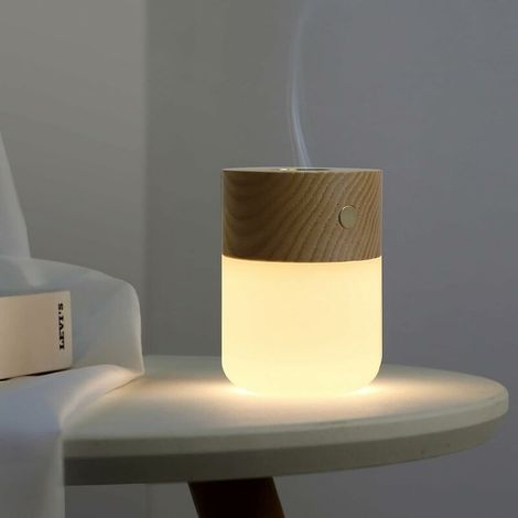 Lampe Aromathérapie À Led Diffuseur D'huiles Essentielles Bois Réglable Lampe De Chevet Rechargeables Usb À Piles Pour La Maison, Le Bureau (Huiles Essentielles Non Incluses) (Brun Clair) (1/5)