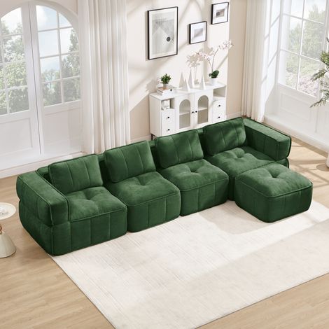 Canapé d'angle modulable 4 assises sans structure, avec pouf, mousse résiliente 32D, coussins profonds, revêtement moelleux, parfait pour séjour, couleur vert. (1/5)