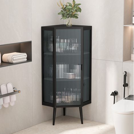 Armario esquinero 56x42,5x110 cm de metal y vidrio templado negro, 3 niveles – MEUBLIV (1/5)