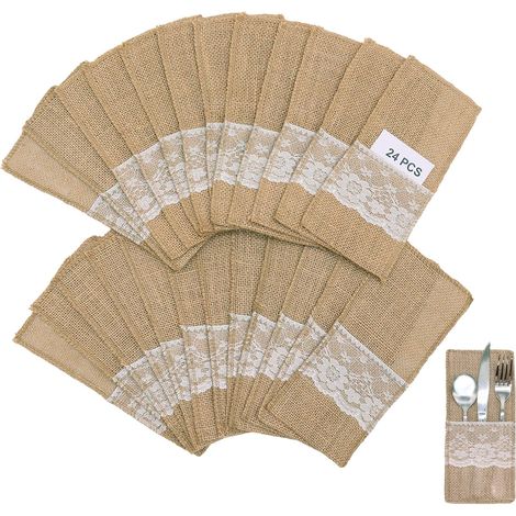 Lot de 24 Sacs à Couverts en Toile de Jute et Dentelle - Porte-Ustensiles Vintage pour Mariage et Décoration de Table (11 x 21 cm) (1/5)